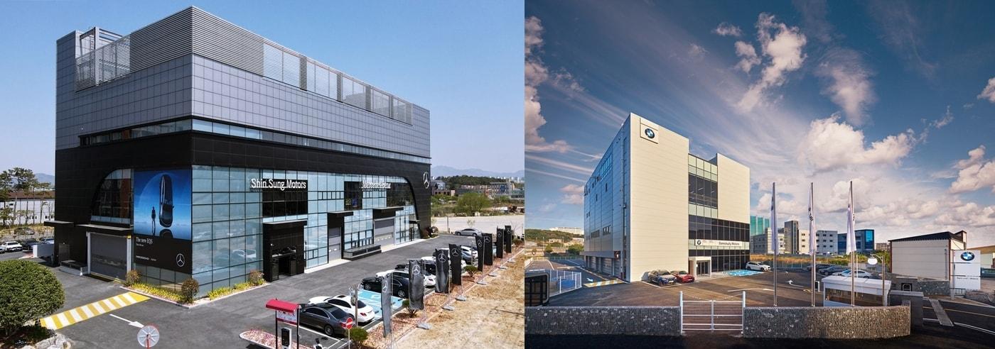 본문 이미지 - 왼쪽부터 메르세데스-벤츠 광주 수완 전시장 및 서비스센터, BMW코리아 동탄 서비스센터(각 사 제공)