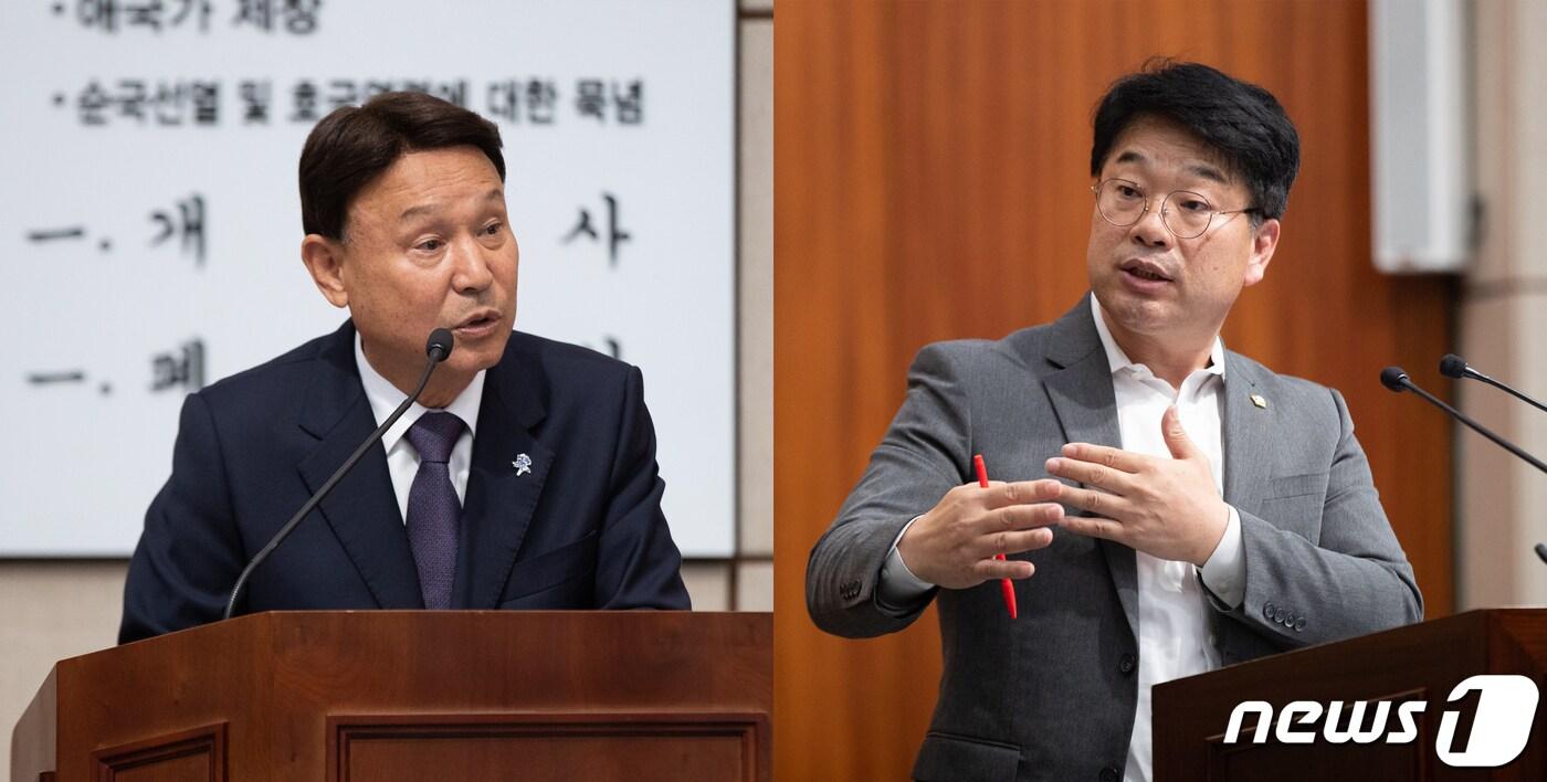 강임준 군산시장(사진 왼쪽)과 서동완 군산시의회 의원이 2일 열린 제259회 임시회 2차 본회의에서 나운동 리츠프라자 앞 연립주택 개발과 관련한 시정질의 답변을 하고 있다.2023.11.2/뉴스1