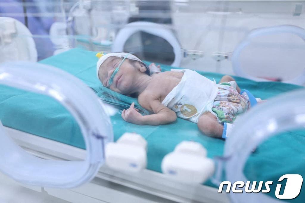 본문 이미지 - 이스라엘과 팔레스타인 무장정파 하마스의 충돌로 가자지구에서 대피해 이집트 카이로의 한 병원으로 옮겨진 신생아가 20일(현지시간) 인큐베이터 안에 누워있다. 2023.11.21 ⓒ 로이터=뉴스1 ⓒ News1 정지윤 기자