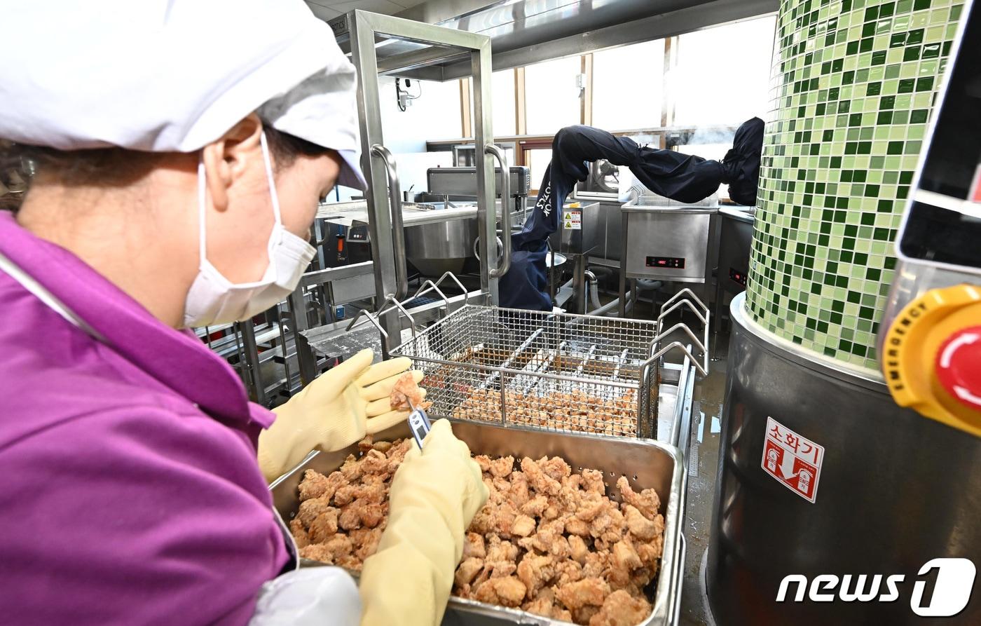 서울 성북구 숭곡중학교 급식실에서 조리사가 닭튀김의 온도를 체크하고 있다. (공동취재) /뉴스1 ⓒ News1 신웅수 기자