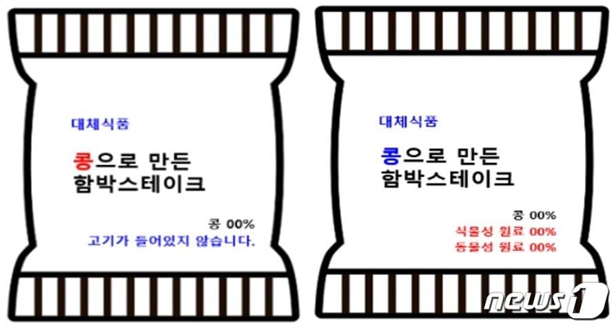 본문 이미지 - 식품의약품안전처는 대체식품 관련 시장이 빠르게 성장함에 따라 소비자의 알권리와 선택권을 보장하기 위해  '대체식품 표시 가이드라인'을 배포했다. 사진은 대체식품 포장지 표기 예시./ⓒ 뉴스1 (식품의약품안전처 제공)