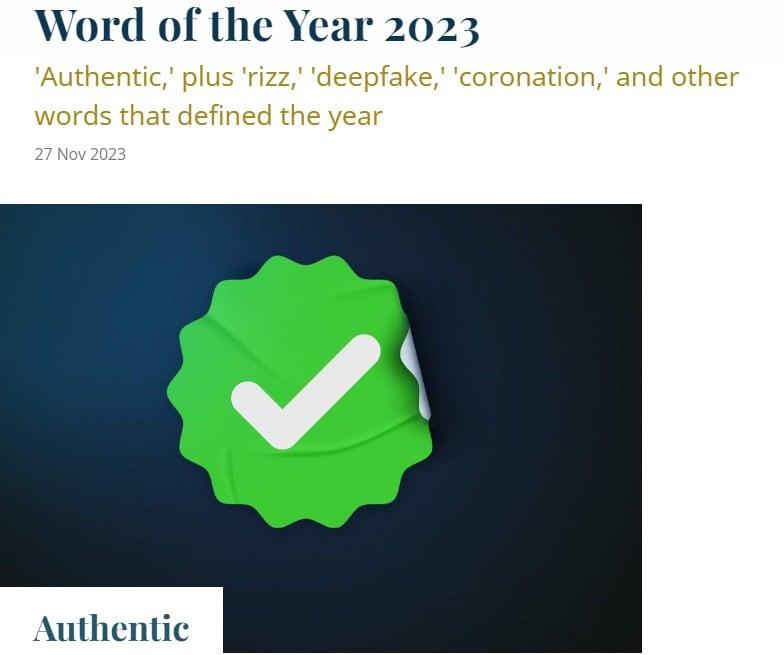 본문 이미지 - 미국 출판사 매리엄-웹스터가 올해의 단어로 '진짜'를 의미하는 'Authentic'을 선정했다. <출처=매리엄-웹스터 화면 캡처>