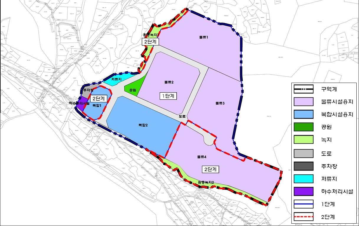 본문 이미지 - 9월 기준 경기도내에서 공사중이거나 인허가 및 준비 중인 대규모 물류단지는 안성 지문 , 광주 퇴촌 등 19개소 605만3000㎡로 집계됐다. 사진은 광주 오포 물류단지 토지이용계획도(경기도 제공)