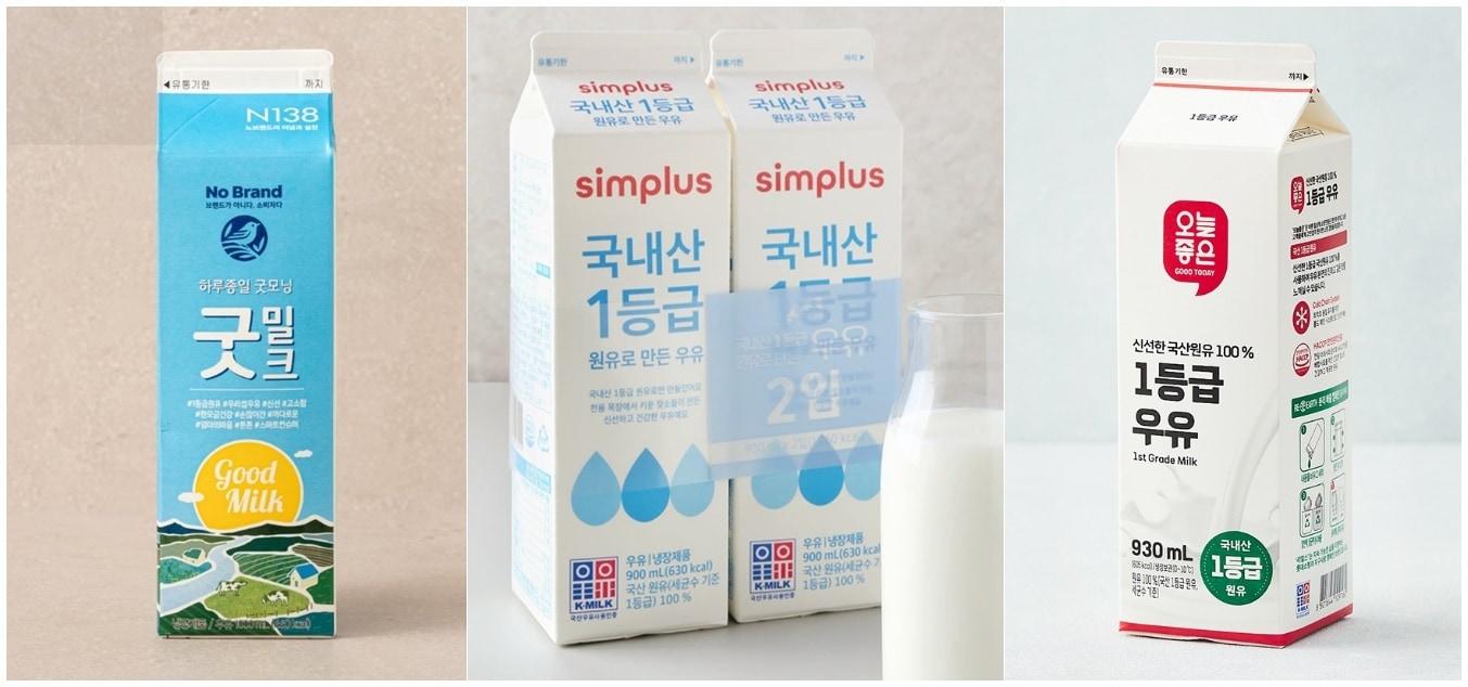 본문 이미지 - 이마트·홈플러스·롯데마트가 PB 우유 가격을 인상했다.(각사 홈페이지 갈무리)