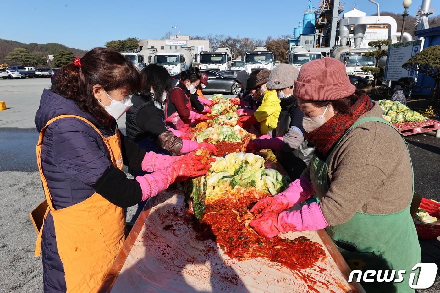 본문 이미지 - 충북 진천의 향토기업인 금성개발㈜ 임직원들이 어려운 기운에게 전달할 김장김치를 담그고 있다.(진천군 제공)/뉴스1