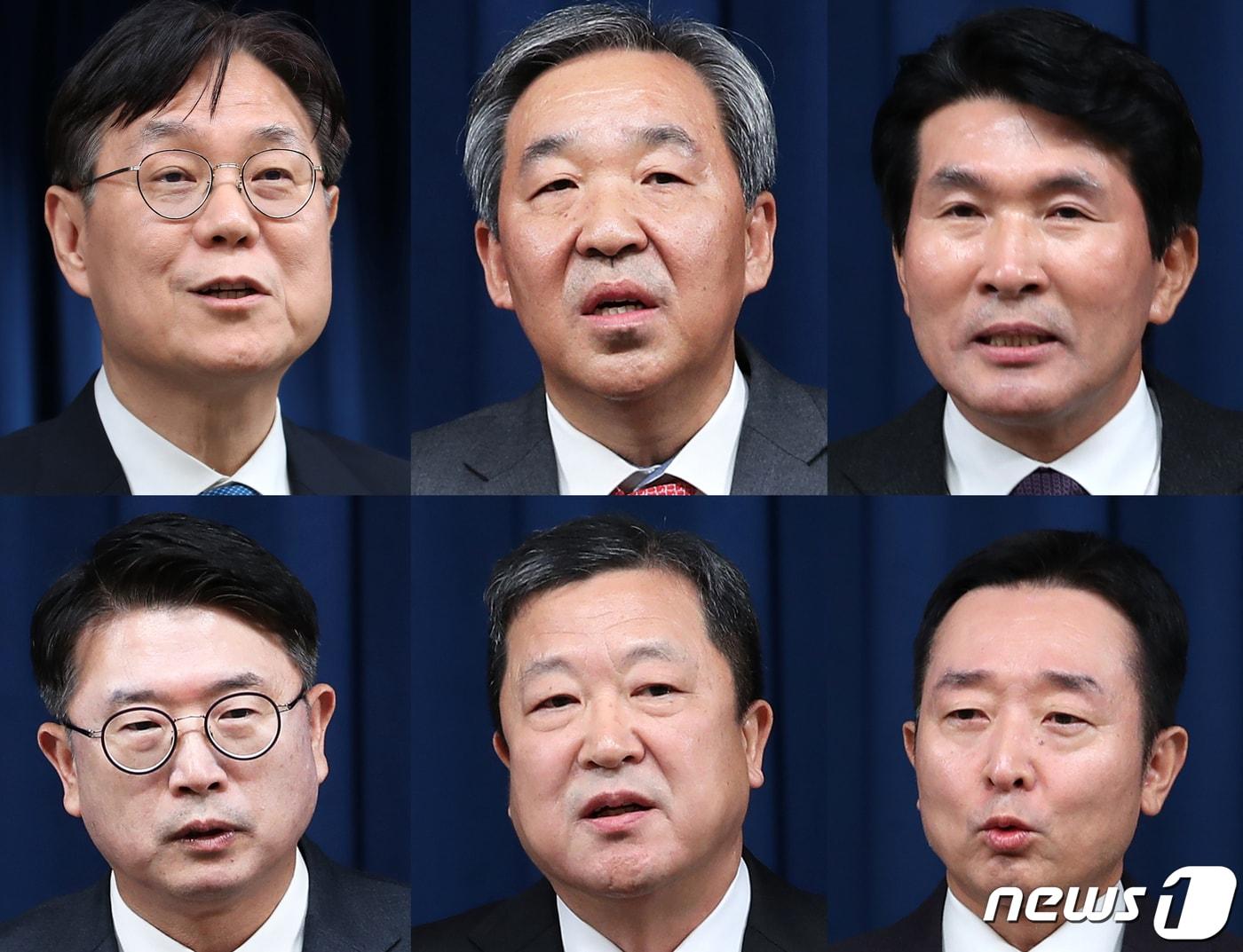 본문 이미지 - 30일 용산 대통령실 청사 브리핑룸에서 대통령실 신임 수석비서관들이 임명 소감을 발표하고 있다. 윗줄 왼쪽부터 시계방향으로 이관섭 신임 정책실장, 한오섭 정무수석, 황상무 시민사회수석, 이도운 홍보수석, 박춘섭 경제수석, 장상윤 사회수석. 2023.11.30/뉴스1 ⓒ News1 오대일 기자