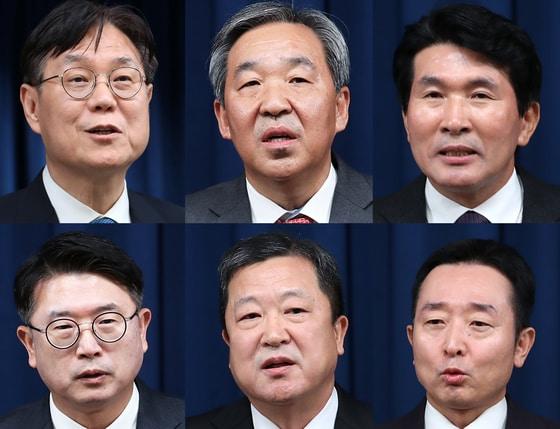 본문 이미지 - 30일 용산 대통령실 청사 브리핑룸에서 대통령실 신임 수석비서관들이 임명 소감을 발표하고 있다. 윗줄 왼쪽부터 시계방향으로 이관섭 신임 정책실장, 한오섭 정무수석, 황상무 시민사회수석, 이도운 홍보수석, 박춘섭 경제수석, 장상윤 사회수석. 2023.11.30/뉴스1 ⓒ News1 오대일 기자