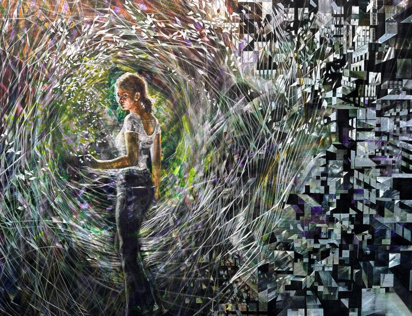 본문 이미지 - SINN, Gateway, 2023, scratched and painted on aluminium Indian, 60 &times; 75 cm. 금산갤러리 제공.