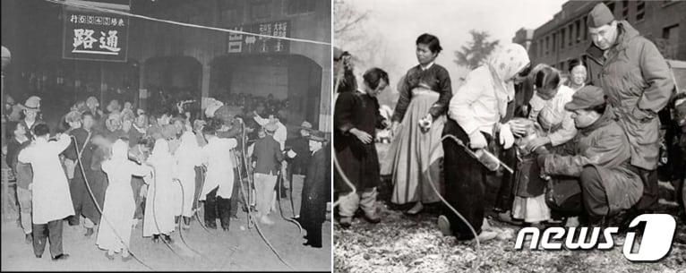 본문 이미지 -  1950년대 초반, 이와 빈대 등을 잡기 위해 DDT 살충제를 뿌리는 모습. 오른쪽은 미군들이 아이들의 몸에 달라 붙어 있는 이를 DDT로 죽이는 장면.  ⓒ 뉴스1 DB