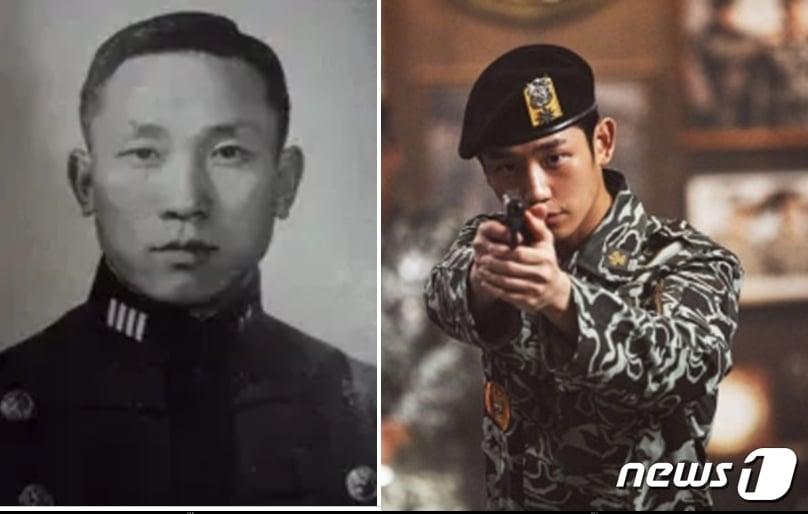 본문 이미지 - 영화 '서울의 봄'속에서 오진호 소령역을 맡은 정해인(오른쪽)과 오 소령의 실제 인물인 고(故) 김오랑 중령. (사진=플러스엠 엔터테인먼트 제공) ⓒ 뉴스1 