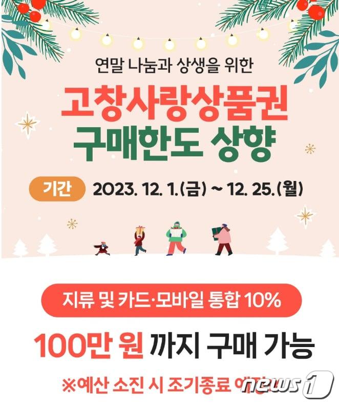 본문 이미지 -  전북 고창군이 연말 지역경제 소비촉진을 위해 이달 1일부터 25일까지 고창사랑상품권 구매한도를 1인당 50만원에서 100만원까지 상향해 10% 할인판매를 시작한다.(고창군 제공)2023.12.1/뉴스1