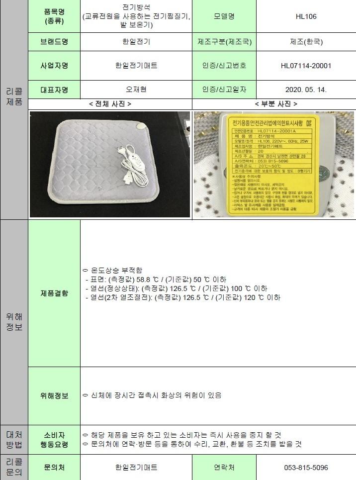 본문 이미지 - 국가기술표준원이 리콜 명령한 제품 설명 자료.(산업통상자원부 제공)