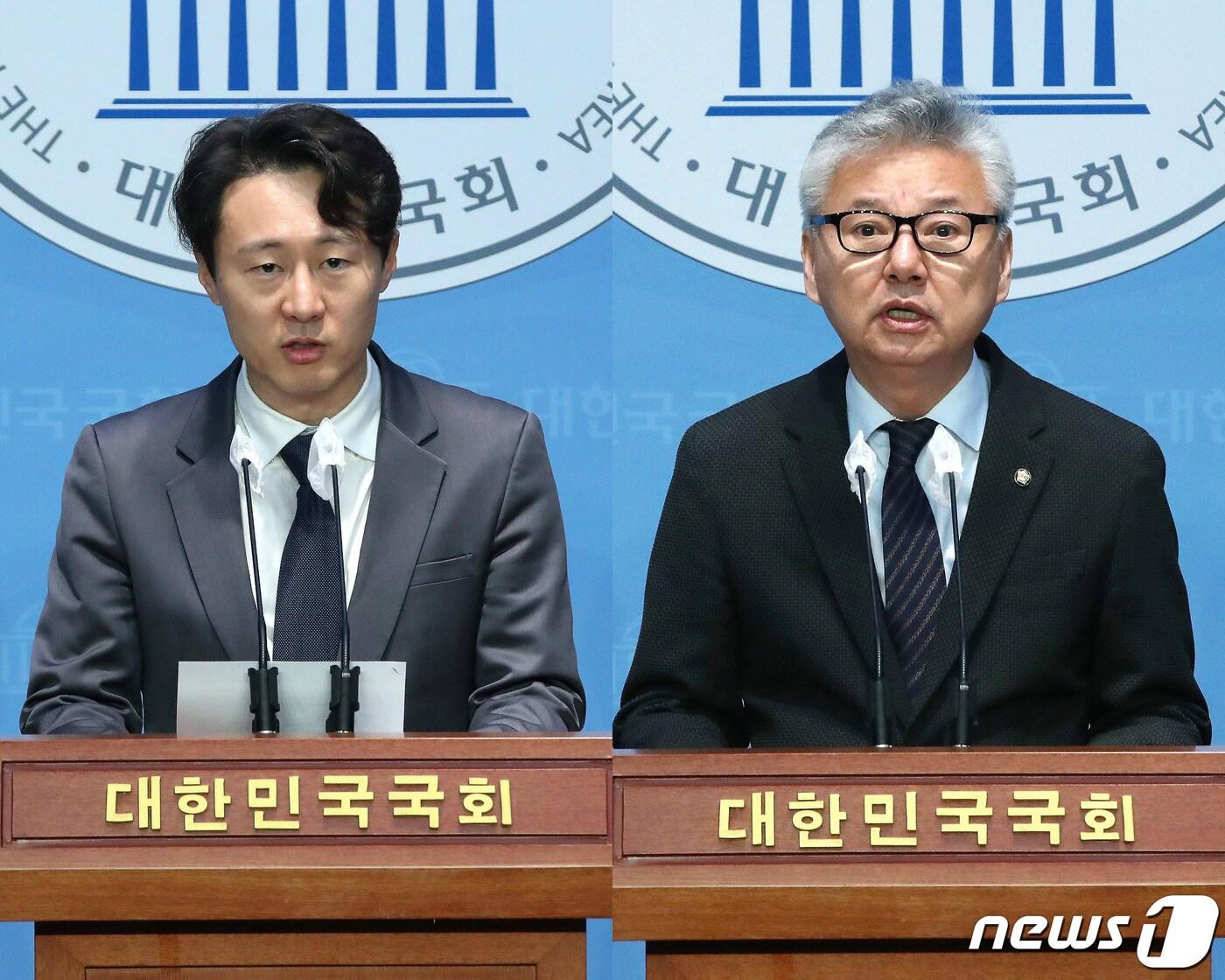 본문 이미지 - 더불어민주당 이탄희(왼쪽), 홍성국 의원이 13일 오전 서울 여의도 국회에서 각각 제22대 국회의원 선거(총선) 불출마 선언 기자회견을 하고 있다. 2023.12.13/뉴스1 ⓒ News1 임세영 기자