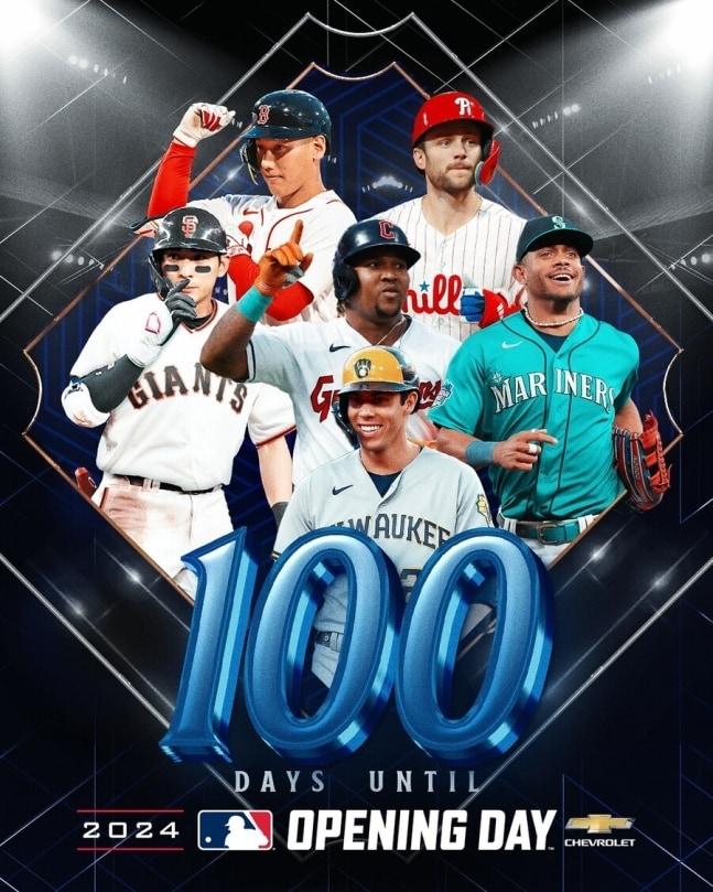 본문 이미지 - MLB가 시즌 개막 100일을 남겨두고 공개한 포스터. 이정후의 모습이 눈에 띈다.(MLB SNS 캡처)