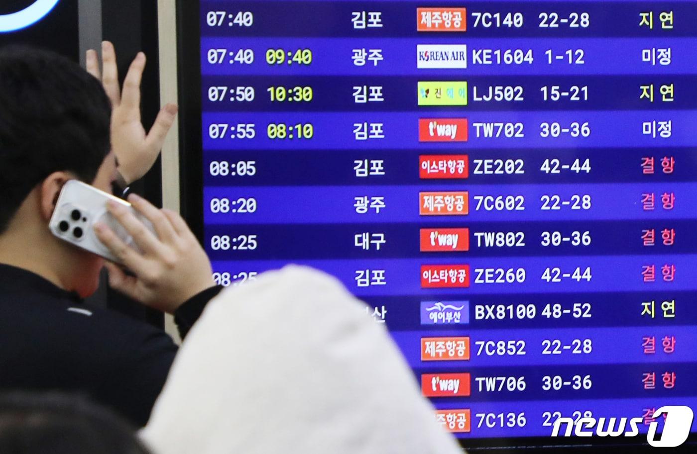 본문 이미지 - 폭설로 제주국제공항 활주로가 폐쇄된 데 이어 결항편이 속출하고 있는 22일 오전 제주공항 국내선 출발장 전광판에 결항 안내가 뜨고 있다. 2023.12.22/뉴스1 ⓒ News1 오현지 기자