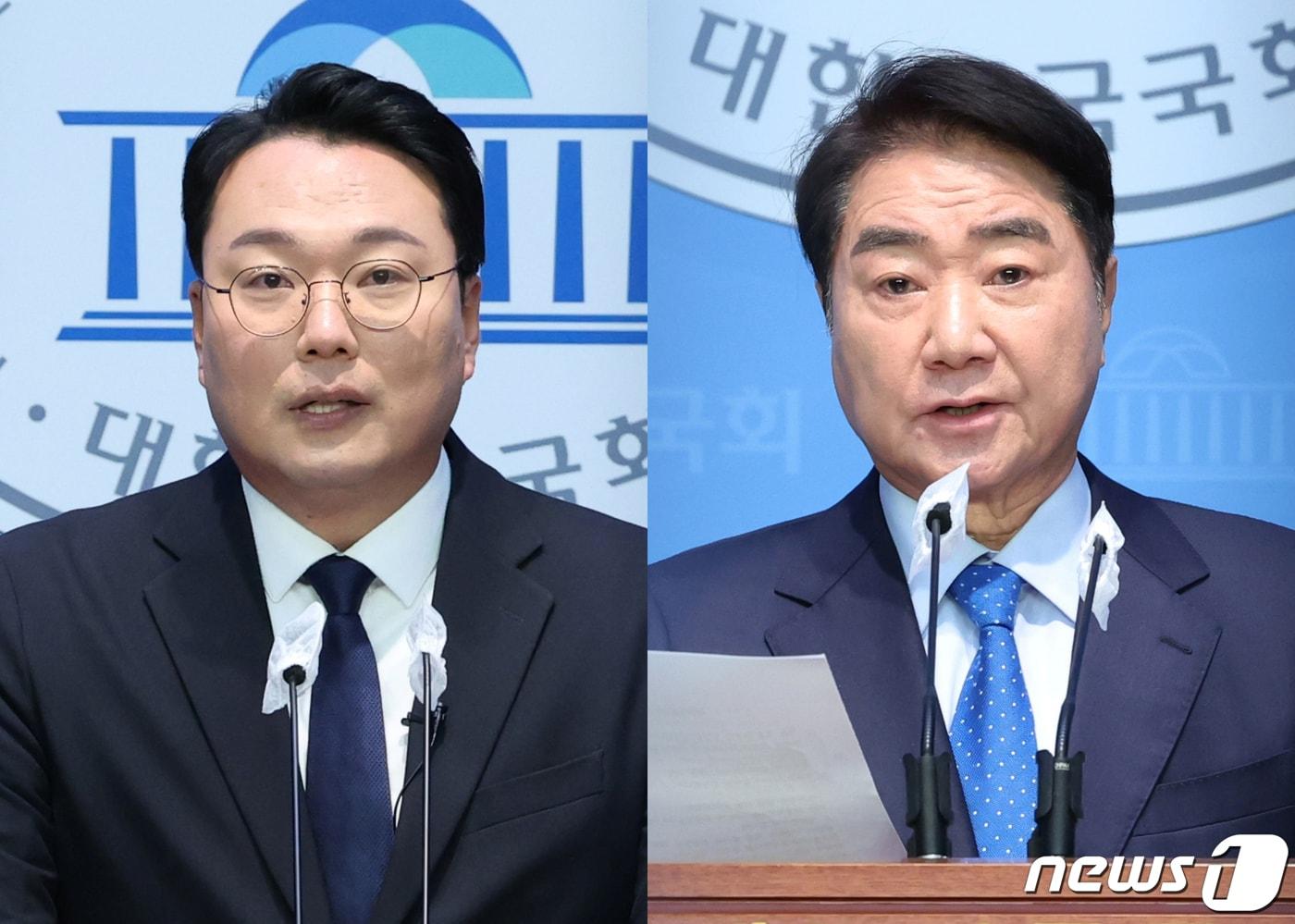 본문 이미지 - 천하람 국민의힘 순천갑 당협위원장(왼쪽)과 이석현 전 국회 부의장이 29일 서울 여의도 국회 소통관에서 각각 국민의힘과 더불어민주당 탈당 기자회견을 하고 있다. 2023.12.29/뉴스1 ⓒ News1 ,송원영 기자