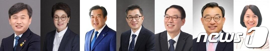 본문 이미지 - 22대 총선  전남 순천·광양·곡성·구례을 선거구 출마 예상자(왼쪽부터) 서동용 의원(59), 권향엽 민주당 정책위원회 부의장(55), 유근기 전 곡성군수(61), 이충재 김대중재단 광양시추진위원장(54), 정한중 교수(62), 국민의 힘 이정현 전 의원(65),  진보당 유현주 광양시당위원장(52).  