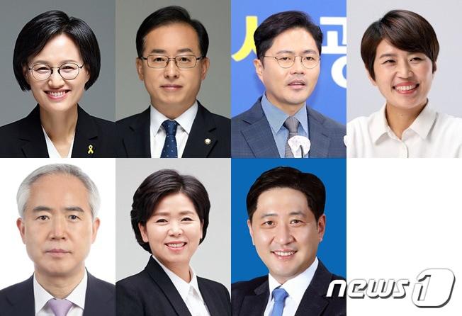 본문 이미지 - 왼쪽 위부터 정의당 강은미 의원, 더불어민주당 김경만 의원, 김광진 전 광주시 문화경제부시장, 진보당 김해정 서구을지역위원장, 민주당 양부남 법률위원회 공동위원장, 한국의희망 양향자 의원, 민주당 최회용 전 참여자치21 공동대표./뉴스1 ⓒ News1 박준배 기자
