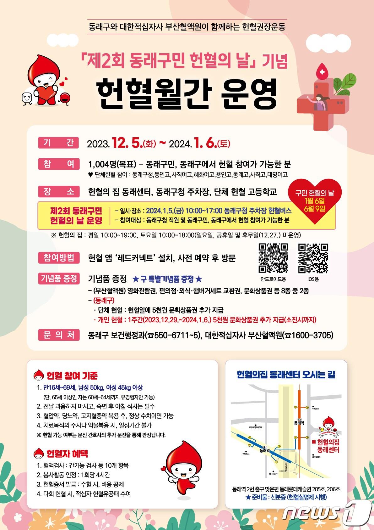 본문 이미지 - 12월 5일부터 1월 6일까지 진행되는 부산 동래구 헌혈 월간 홍보 포스터.(부산 동래구청 제공)