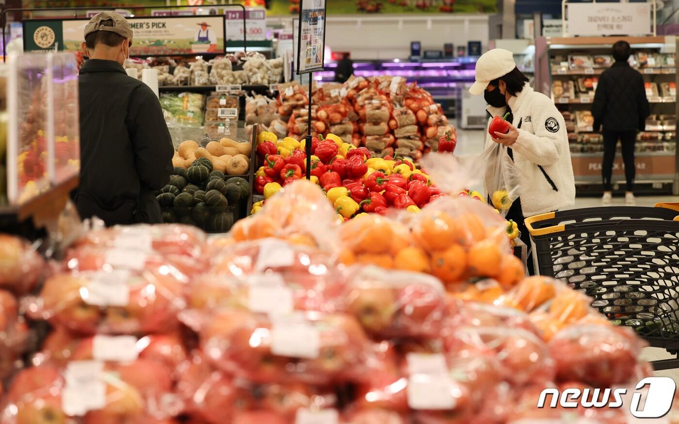 본문 이미지 - 11월 소비자물가가 전년 동월 대비 3.3% 오른 것으로 나타났다. 지난 7월(2.3%) 이후 가장 낮은 수준으로 상승 폭이 넉 달 만에 감소 전환했다. 사진은 이날 서울 시내 한 대형마트에서 장을 보는 시민들 모습. 2023.12.5/뉴스1 ⓒ News1 허경 기자