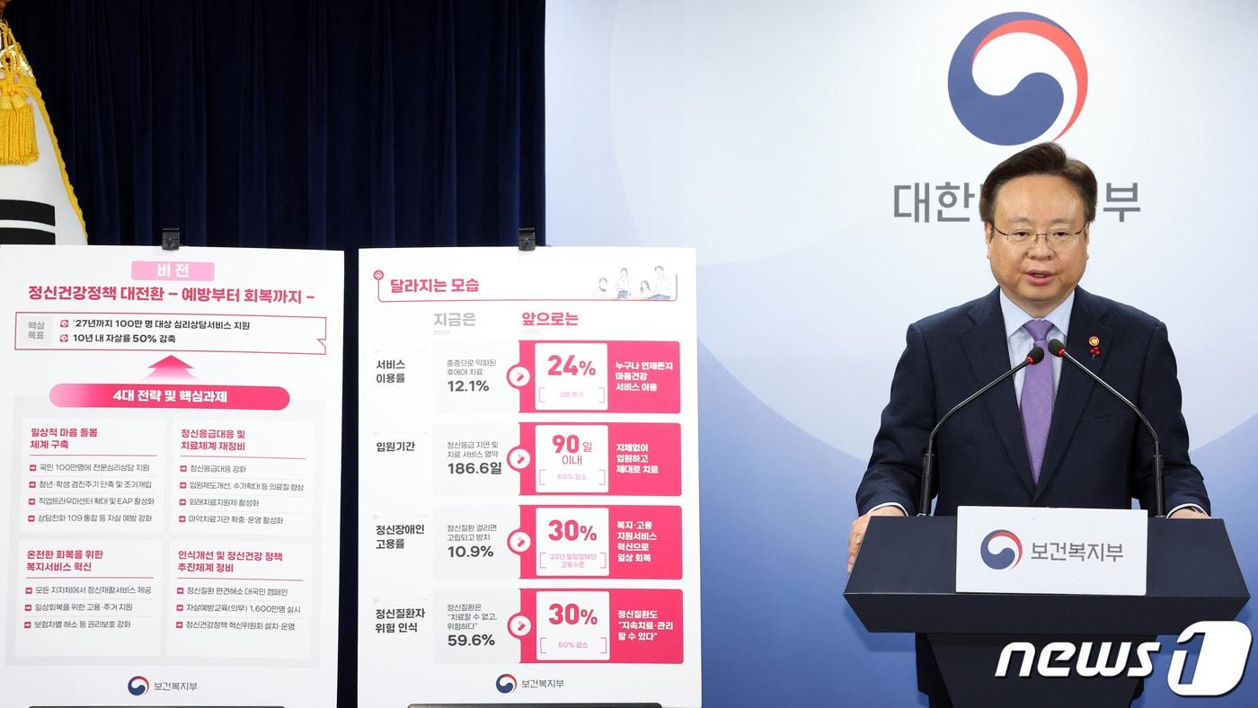 본문 이미지 - 조규홍 보건복지부 장관이 5일 오후 서울 종로구 세종대로 정부서울청사에서 정신건강정책 혁신방안 브리핑을 하고 있다. 2023.12.5/뉴스1 ⓒ News1 김명섭 기자