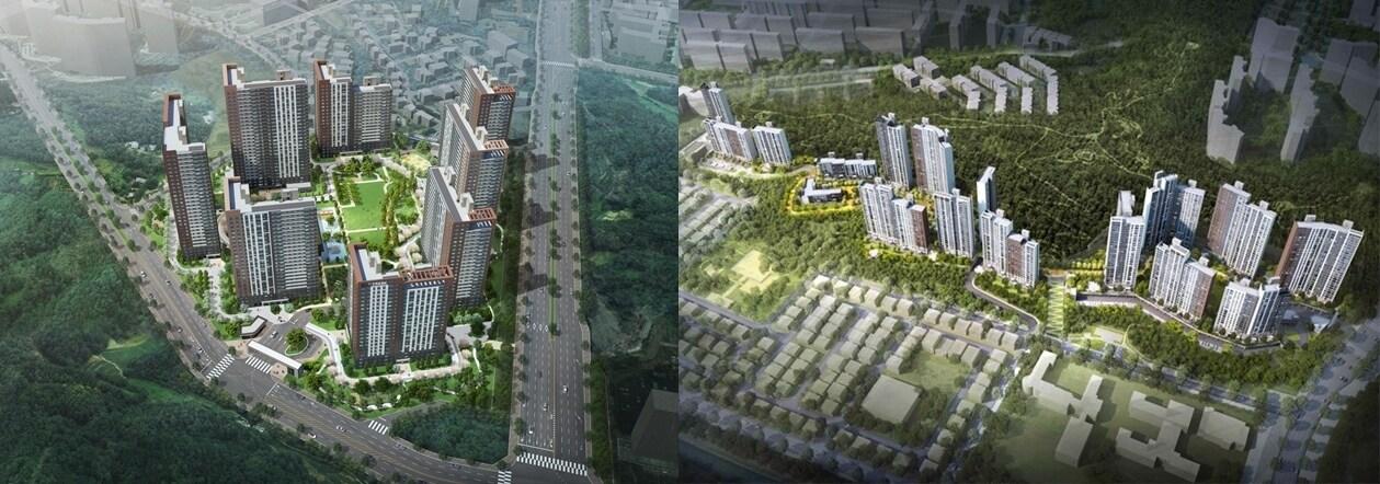 본문 이미지 -  청주 가경 아아파크6차(왼쪽), 원봉 힐데스하임 조감도.