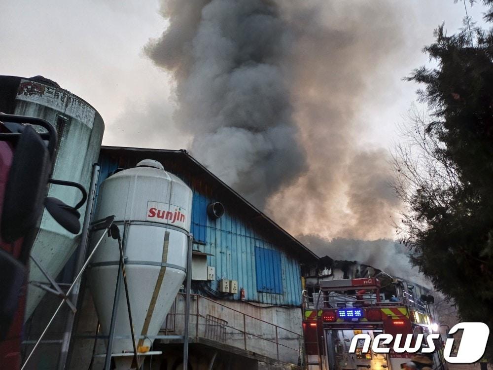 본문 이미지 - 논산 은진면 시묘리 돼지농장 화재 현장 모습. (논산소방서 제공) / 뉴스,1