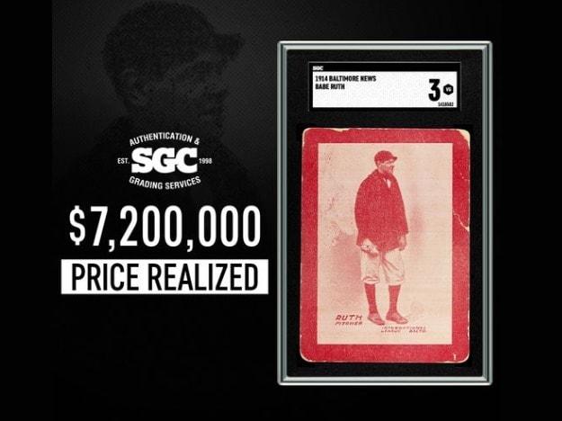 본문 이미지 - 미국 프로야구 메이저리그의 전설적인 거포로 꼽히는 베이브 루스의 루키 시절 선수 카드가 720만 달러(약 94억 7000만원)에 낙찰됐다. 로버트 에드워드 옥션 페이스북 갈무리.