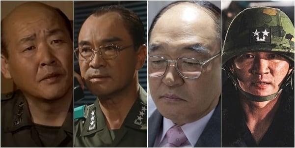 본문 이미지 - 역대 전두환 역 배우들(왼쪽부터) 드라마 '제4공화국' 박용식, 드라마 '제5공화국' 이덕화, 영화 '26년' 장광, '서울의 봄' 황정민
