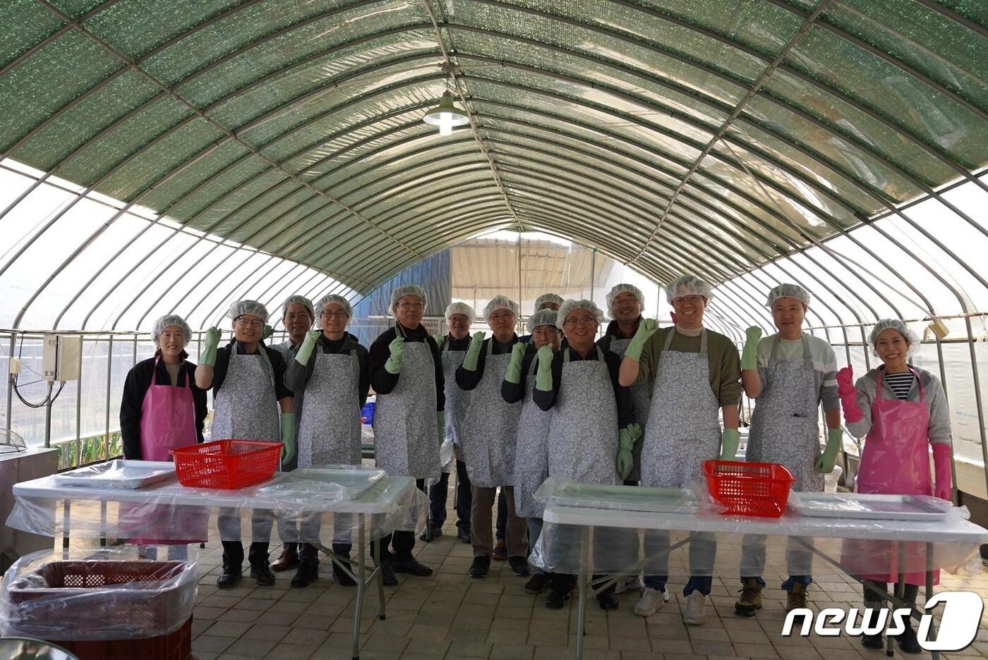 본문 이미지 - 한국지질자원연구원 직원들이 세종에서 김장 후 단체사진을 찍고 있다.(KIGAM 제공)/뉴스1