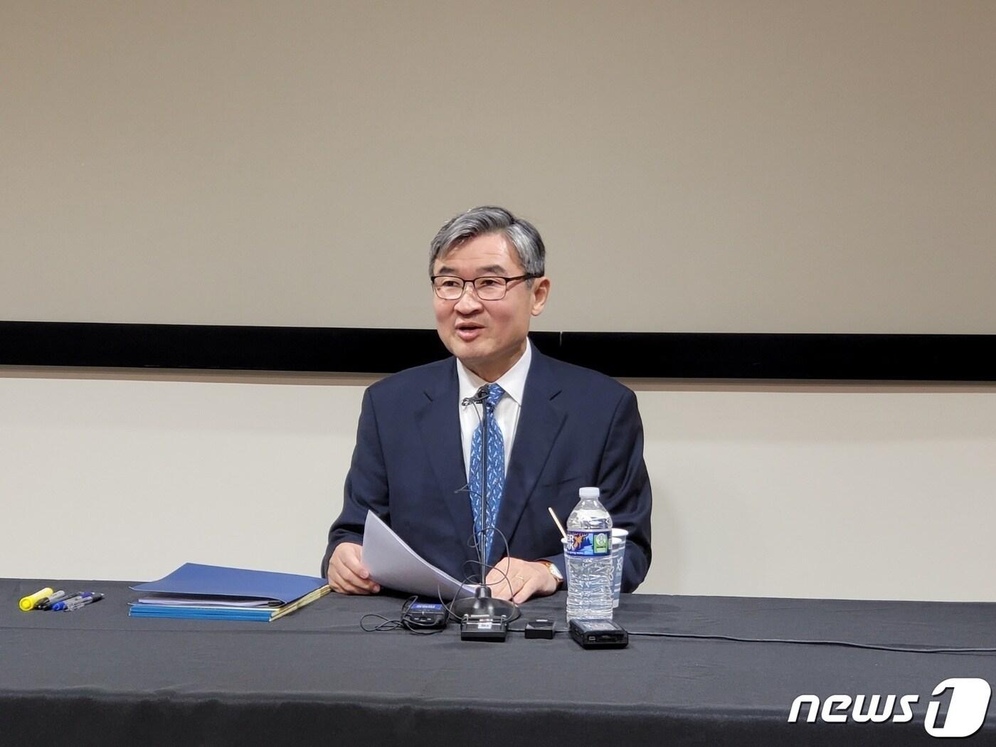본문 이미지 - 조태용 주미대사가 31일(현지시간) 워싱턴DC 한국문화원에서 특파원 간담회를 개최하고 있다. ⓒ News1 김현 특파원