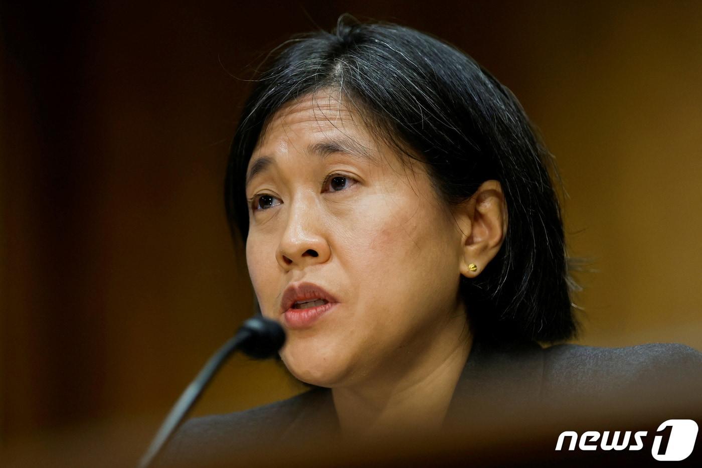 본문 이미지 - 바이든 대통령의 무역정책에 대한 상원 재무위원회 청문회에서 캐서린 타이 미국 통상대표부(USTR) 대표가 증언하고 있다. 2022.03.31 ⓒ 로이터=뉴스1 ⓒ News1 권진영 기자