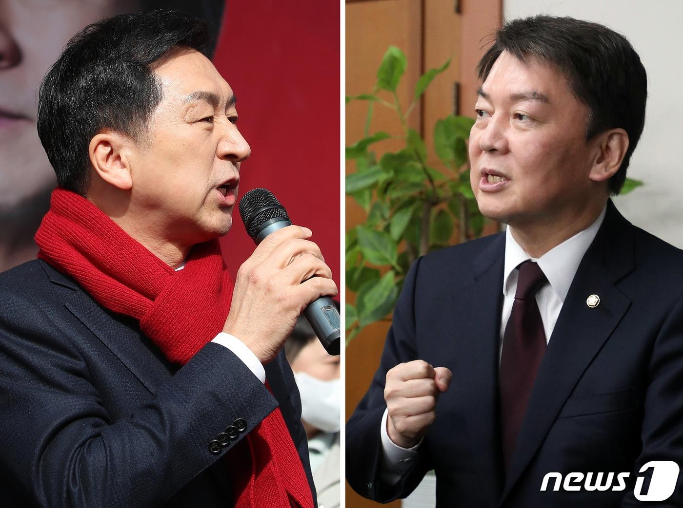 본문 이미지 - 국민의힘 3·8 전당대회 후보 등록일을 하루 앞둔 31일 김기현, 안철수 의원이 나란히 보수의 텃밭 대구를 방문했다. 왼쪽은 서문시장 출정식에서 인사말 하는 김기현 의원, 오른쪽은 서구 당협 간담회에 참석한 안철수 의원. 2023.2.1/뉴스1 ⓒ News1 공정식 기자
