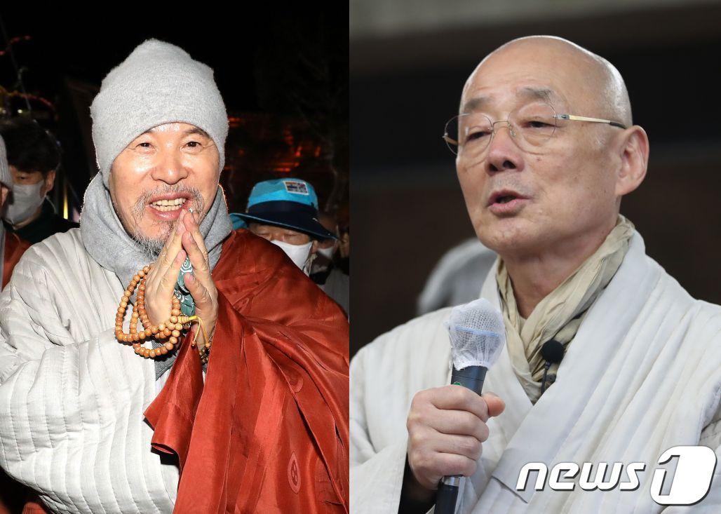 본문 이미지 - 전 총무원장 자승스님(왼쪽)과 승적박탈 무효 소송을 건 명진스님 @뉴스1 DB