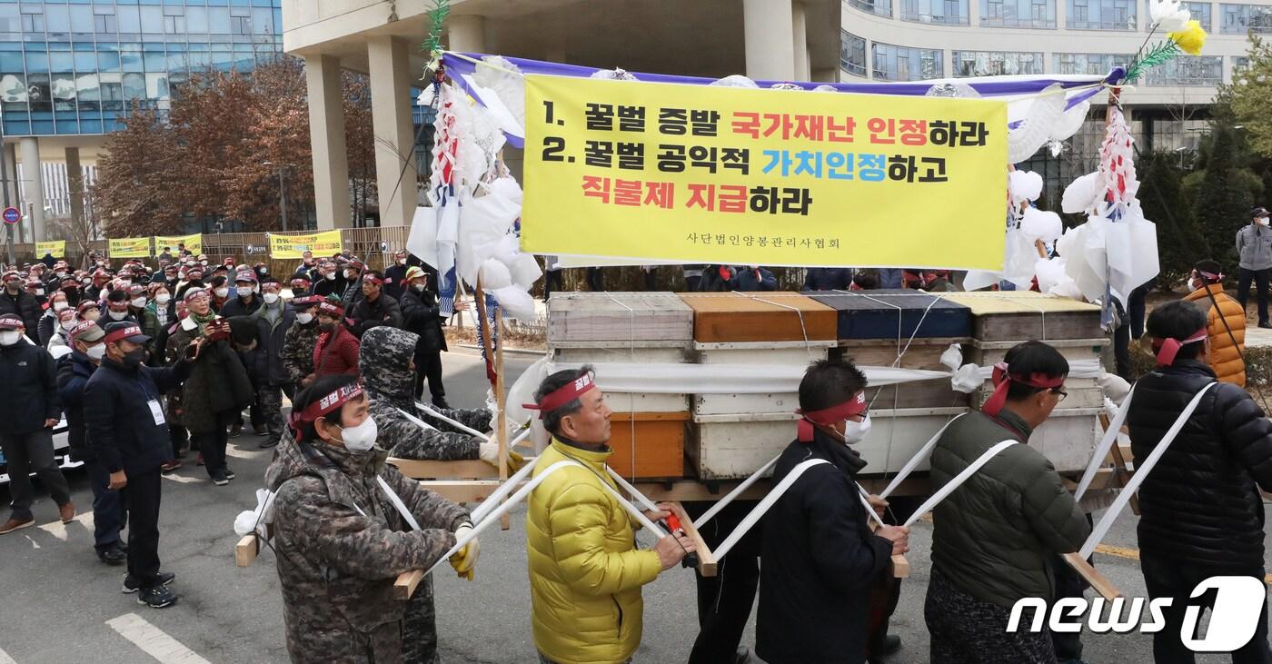본문 이미지 - 국내 최대 양봉 지역인 경북에서 꿀벌 대량 폐사가 이어지고 있다. 사진은 2월5일 오후 세종시 정부세종청사 농림축산식품부 앞에서 열린 전국 양봉인 총궐기대회에 참가한 양봉 농민들이 꿀벌폐사 농업재해 인정 및 농업재해보험 상품개발 추진, 꿀벌 병해충의 법정전염병 지정, 농식품부 내 양봉전담부서 신설, 꿀벌 공익적 가치 인정 및 직불금 지급을 정부에 요구하며 벌통을 얹은 상여를 메고 행진하는 모습. 2023.2.15/뉴스1 ⓒ News1 자료 사진