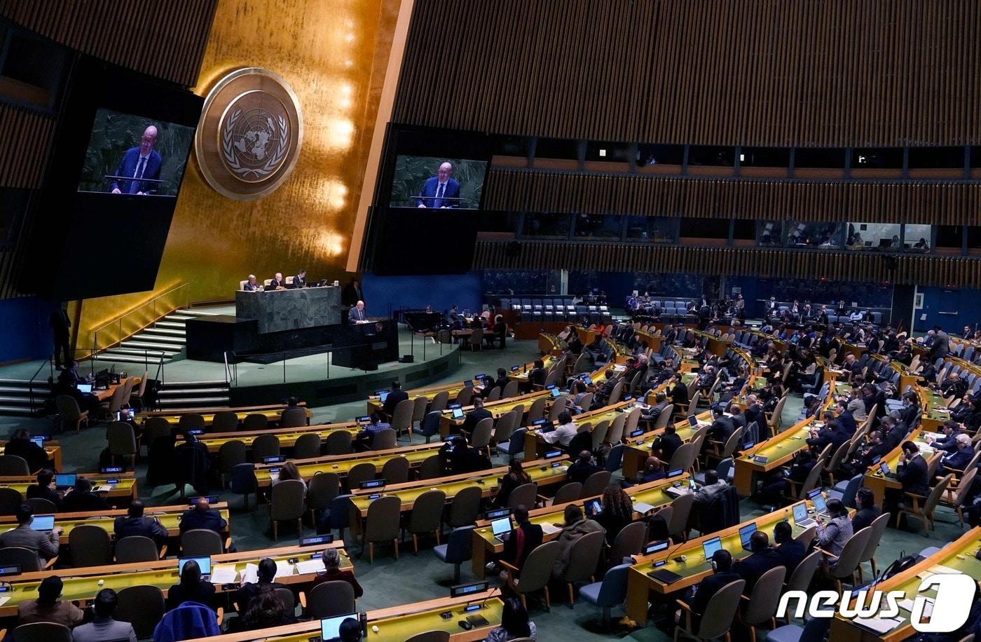 본문 이미지 - 22일(현지시간) 뉴욕 유엔 본부에서 유엔총회 회의가 개최되고 있다. ⓒ AFP=뉴스1 ⓒ News1 강민경 기자