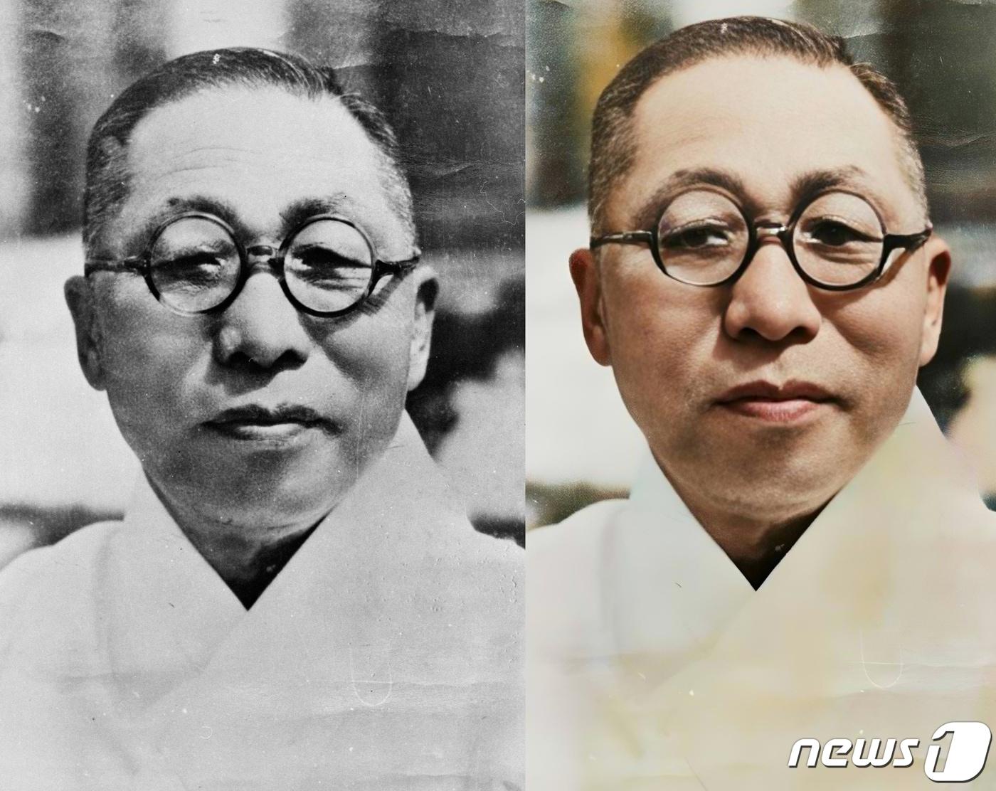 본문 이미지 - 국가보훈처는 27일 독립운동가 14인의 흑백사진을 인공지능(AI) 기술을 활용해 색채 사진으로 복원해 이를 영상으로 제작해 이날부터 대한민국임시정부 수립기념일인 4월 11일까지 서울 광화문광장 대한민국역사박물관 대형 전광판을 통해 송출한다고 밝혔다. 사진은 백범 김구 선생의 색채사진 복원 전과 후 모습. (국가보훈처 제공) 2023.2.27/뉴스1