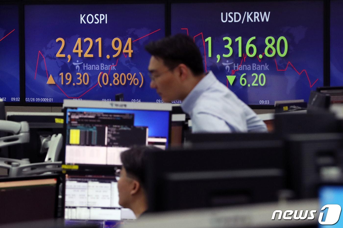 본문 이미지 - 28일 오전 서울 중구 하나은행 딜링룸에서 직원들이 업무를 보고 있다. 2023.2.28/뉴스1 ⓒ News1 황기선 기자