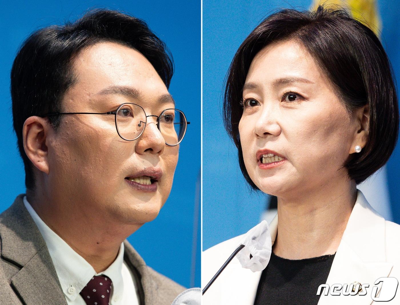 본문 이미지 - 천하람 국민의힘 전남 순천갑 당협위원장(왼쪽)과 허은아 의원이 3일 서울 여의도 국회 소통관에서 각각 3·8 전당대회 당대표, 최고위원 출마를 선언하고 있다. 2023.2.3/뉴스1 ⓒ News1 유승관 기자