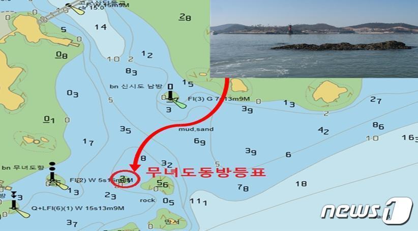 본문 이미지 - 전북 군산시 옥도면 무녀도 인근 암초에 설치될 항로표지 위치도(군산해수청 제공) 2023.2.3/뉴스1