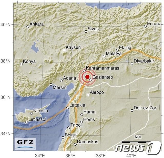 본문 이미지 - 튀르키예(터키) 남부 시리아와의 접경지 인근에서 규모 7.4 강진이 발생했다. <출처=독일 지질연구센터>