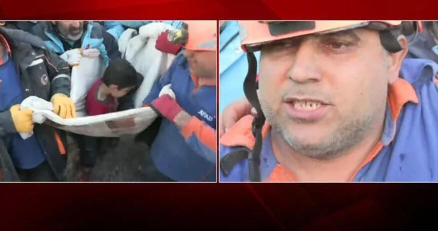 본문 이미지 - 9일(현지시간) 오전 터키 재난관리국(AFAD)의 구조대원은 무너진 건물 잔해 더미에서 어머니와 두 아이들을 구조해내는 데 성공했다. CNN 튀르크 캡쳐 