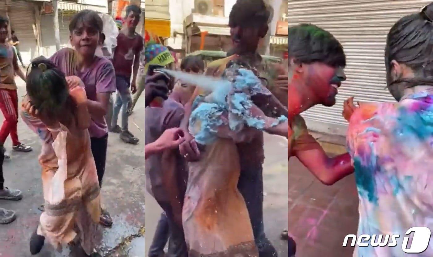 오사카 출신 메구 미코&#40;22&#41;가 인도 뉴델리 파하르간즈에서 &#39;홀리&#39; 축제 현장을 찾았다가 집단 희롱을 당하고 있다. &#40;트위터 갈무리&#41;