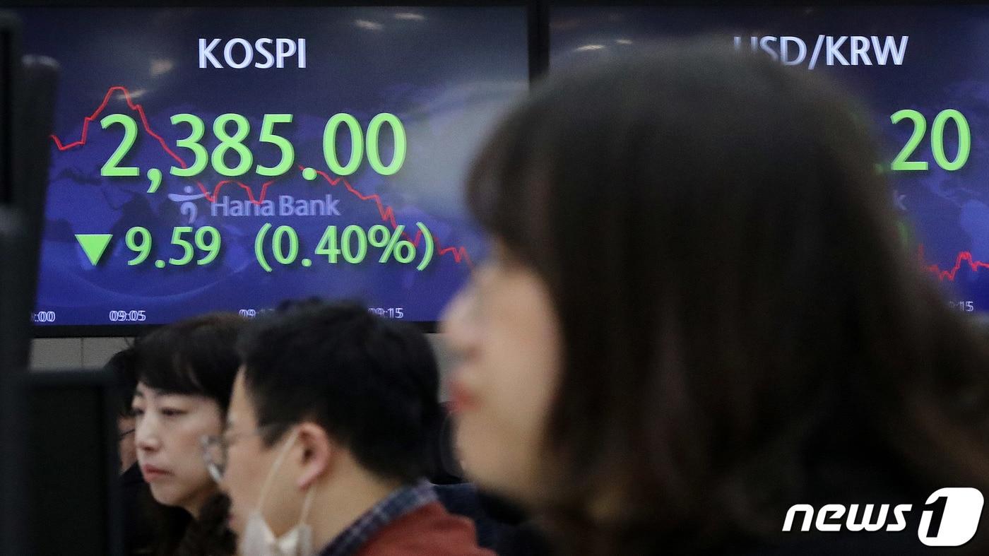 본문 이미지 - 13일 오전 서울 중구 하나은행 딜링룸 전광판에 코스피 지수가 하락세를 보이고 있다. 이날 코스피는 미국 SVB 파산 여파에도 상승 출발해 장중 2400선을 회복했으나 하락세로 돌아섰다. 2023.3.13/뉴스1 ⓒ News1 박세연 기자