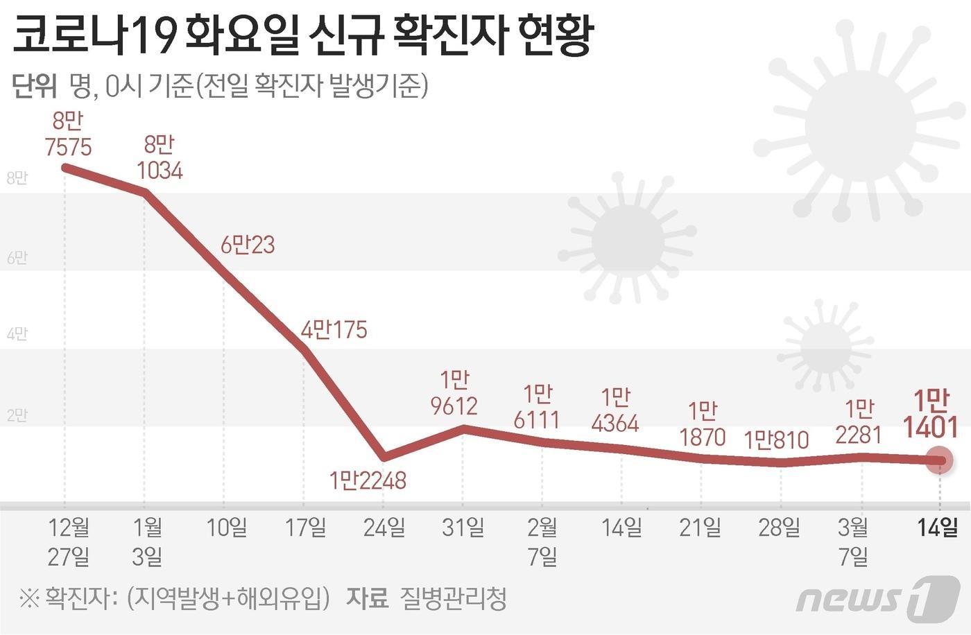 본문 이미지 - 질병관리청 중앙방역대책본부(방대본)는 14일 0시 기준 신종 코로나바이러스 감염증(코로나19) 신규 확진자가 1만1401명 발생했다고 밝혔다. ⓒ News1 김지영 디자이너