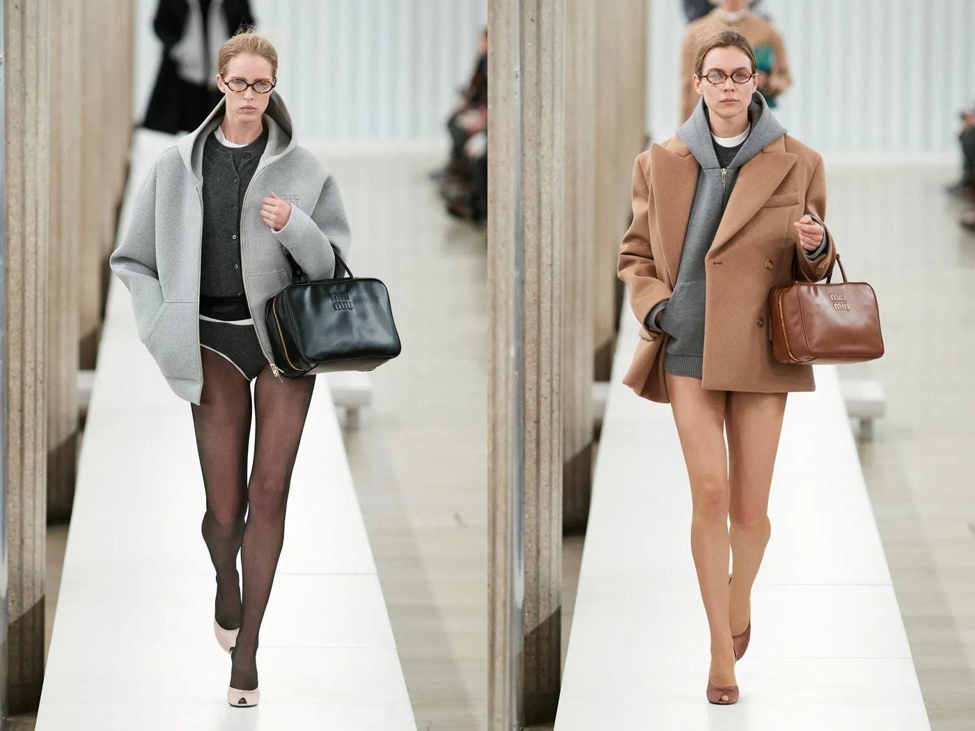 본문 이미지 - '미우미우'가 선보인 하의실종 패션. 여성용 삼각팬티를 연상하는 하의를 매치하거나 아예 입지 않은 모습. (미우미우 갈무리)