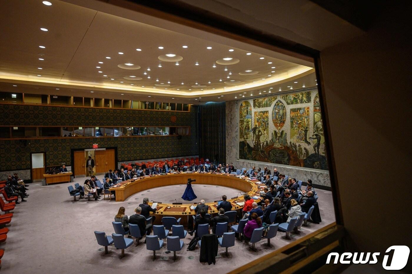 본문 이미지 - 20일(현지시간) 미국 뉴욕 유엔 본부에서 북한의 최근 ICBM 시험 발사와 관련 유엔 안보리 회의가 열리고 있다. 2023.03.20/뉴스1 ⓒ AFP=뉴스1 ⓒ News1 김민수 기자