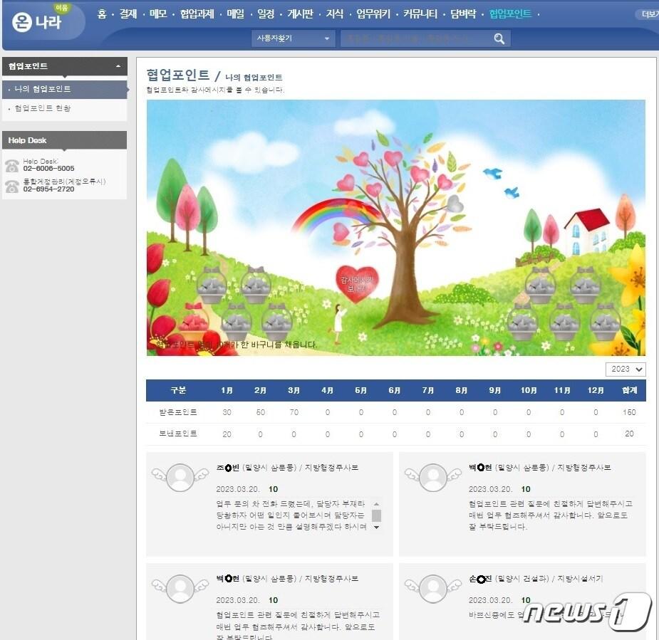 본문 이미지 - 밀양시가 운영하는 '협업 포인트 제도' 홈페이지 화면.(밀양시 제공)