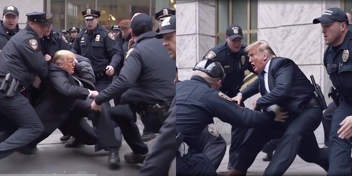 본문 이미지 - AI가 만들어낸 가짜 사진이 SNS에 퍼지면서 도널드 트럼프 미국 전 대통령이 체포됐다는 소문이 확산했다. 자세히 보면 트럼프의 다리가 3개이거나 트럼프가 경찰 벨트를 매고 있는 모습이 보인다. (트위터)