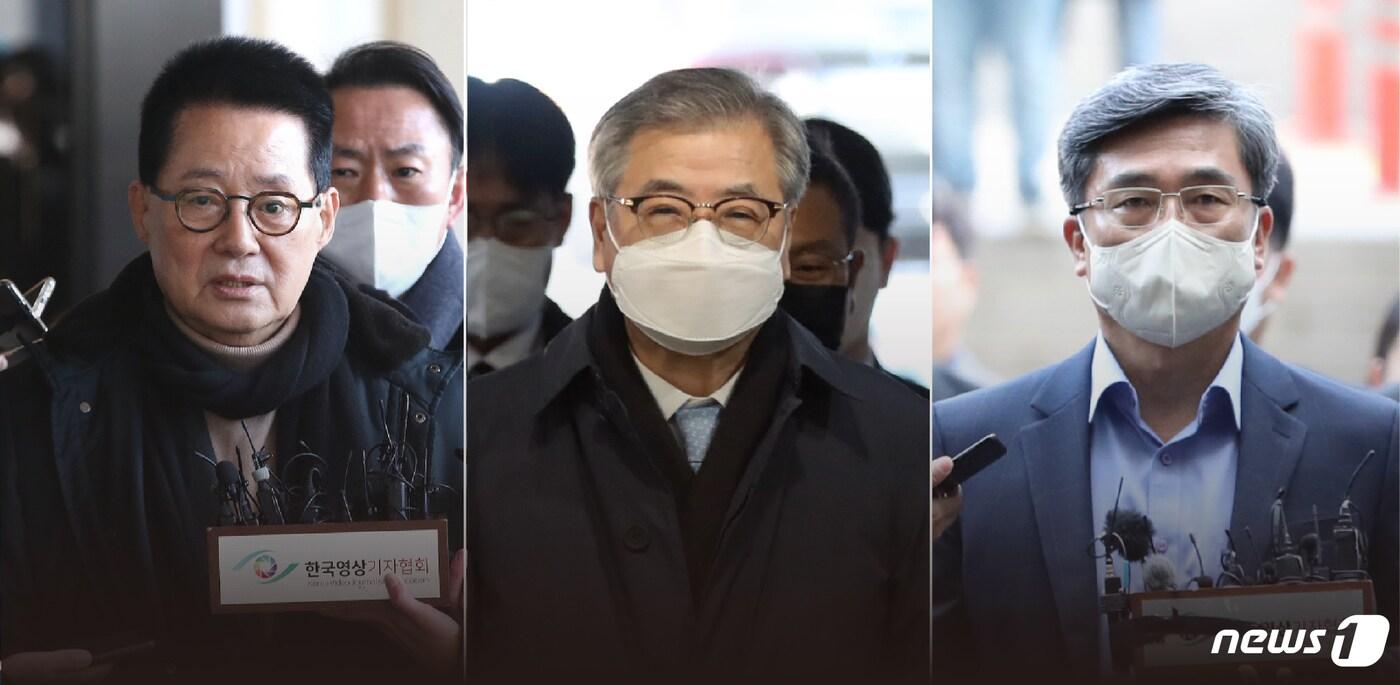 본문 이미지 - 박지원 전 국가정보원장,  서훈 전 국가안보실장, 서욱 전 국방부 장관(왼쪽부터). ⓒ News1 윤주희 디자이너